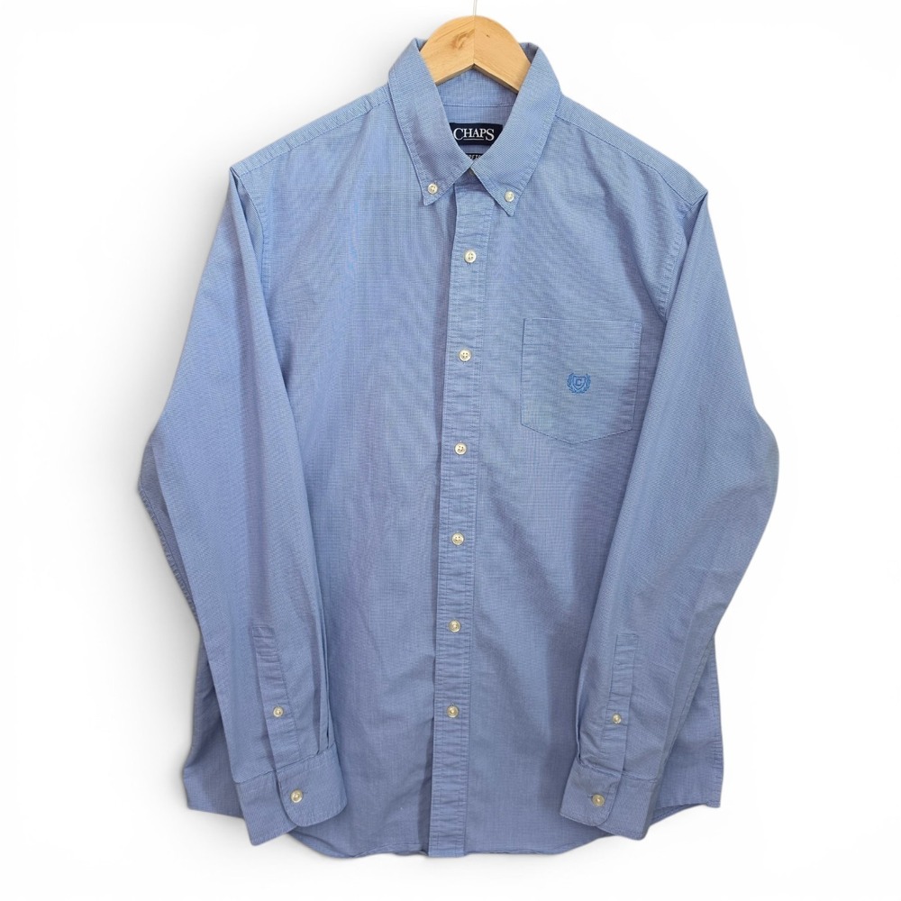 Chaps Shirt Mens Medium Blue Button Down Stretch Easy Care Long Sleeve Casual‎